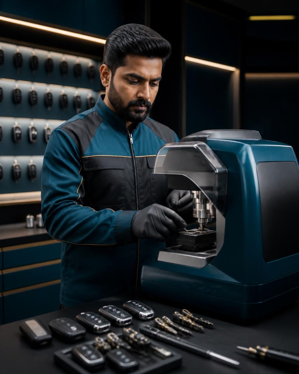 Professional locksmith technician using a computerized key-cutting machine in a modern workshop